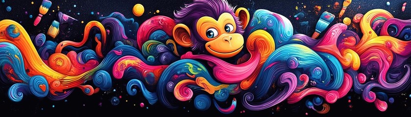 Fototapeta premium Vibrant monkey illustration surrounded by colorful swirls and artistic elements, perfect for playful designs and creative projects.