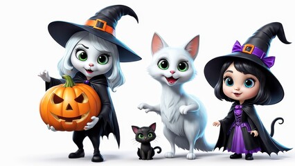 A whimsical Halloween scene featuring witches, a pumpkin, and playful cats.