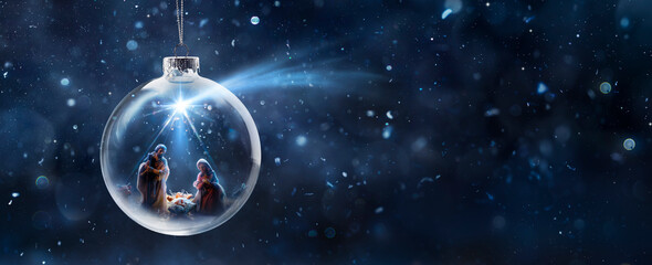 Nativity Of Jesus With Comet Star - Scene With The Holy Family In Globe Glass - Snowy Abstract Night
