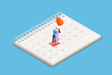 3D Isometric Flat Vector Illustration of Schedule Of Events, Miniature Couple With Heart Shape on Calendar