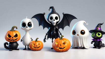 Fototapeta premium A whimsical Halloween scene featuring cute characters like a skeleton, ghost, and pumpkins.