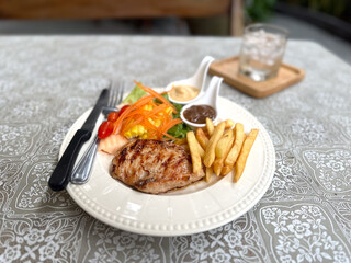 Chicken steak served alongside vibrant salad and crispy French fries. Chicken steak with French fries and a side of salad provides a nutritious and satisfying meal.
