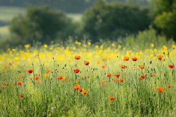 Field of red poppies and yellow wildflowers in a green meadow