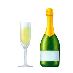 Bottle and glass with champagne, sparkling wine, alcoholic drink on isolated background. Watercolor hand drawn illustration. Clip art for design, holidays, cards, packaging, labels, menus, advertising