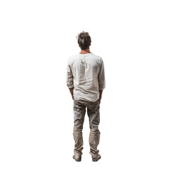Fototapeta premium Construction worker is standing with his hands in his pockets, looking up at something
