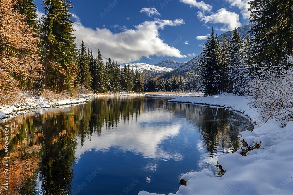 Poster Winter wonderland with river, snow covered trees, mountains and blue sky. Scenic winter landscape