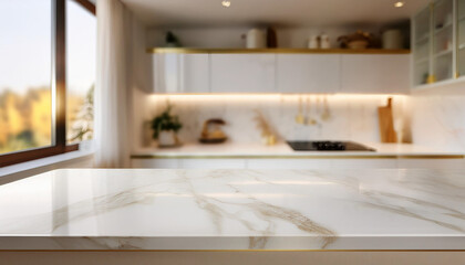 Elegance white marble kitchen tabletop with copy space over blurred white kitchen in background 