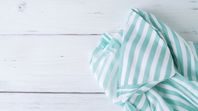 A striped pajama in neo-mint is neatly folded on a white wooden surface with ample space for text. This top-down view showcases a night suit ideal for sleeping