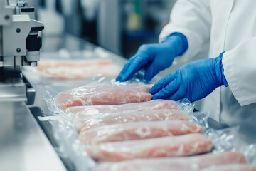 Food Production Line Worker Packaging Chicken Breast