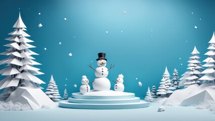 Obraz premium A whimsical winter scene featuring snowmen and frosty trees against a blue backdrop.