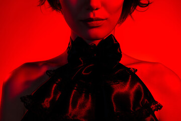 Close up cropped photo of lady in vintage old fashion outfit theme halloween masquerade on red...