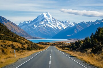 Naklejka premium Asphalt road leading towards snow capped mountain and lake in New Zealand