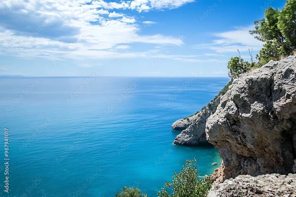 Poster Coastal Cliff View with Turquoise Ocean Water and Blue Sky