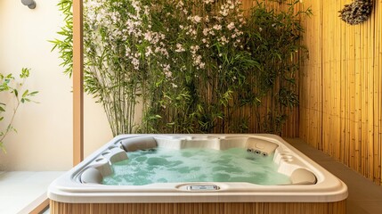 Enclosed spa garden with bamboo walls, delicate floral scents, and a heated Jacuzzi
