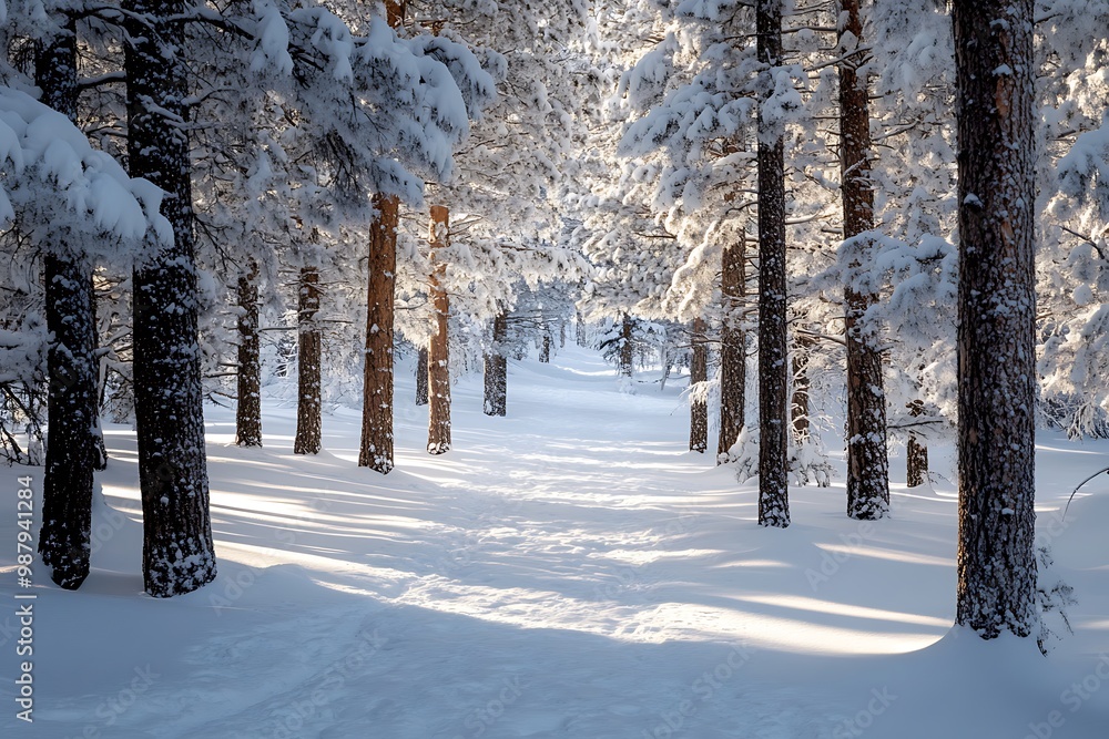 Wall mural Snowy path through winter forest with pine trees covered in frost