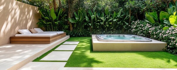 Enclosed spa garden with soft grass, sunken hot tub, and fragrant jasmine