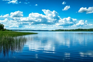 Obraz premium Beautiful serene lake with blue water, white clouds and blue sky, idyllic scenery, tranquil nature, natural background