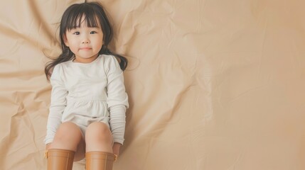 Fototapeta premium A young Asian girl with dark hair is lying down on a beige blanket. She is wearing a white dress and brown boots.