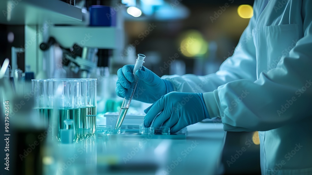 Poster scientist using a pipette to transfer liquid in a laboratory setting
