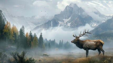 Majestic Elk Stands Amidst Misty Mountain Landscape with Vibrant Autumn Foliage