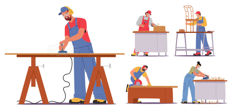 Talented Craftsmen Working on Various Woodworking Projects, Displaying Skill and Precision in Craftsmanship