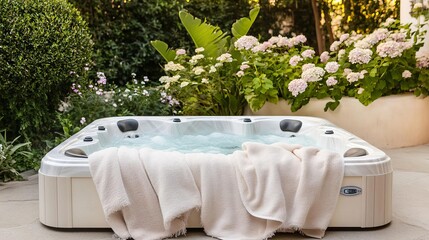 Hidden spa garden with warm blankets, a bubbling hot tub, and delicate floral scents