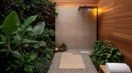 Hidden spa garden with warm lighting, a rainwater shower, and soft music