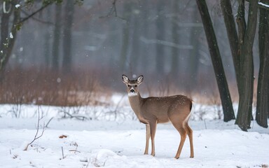 A lone deer stands in a snowy forest, looking directly at the camera.