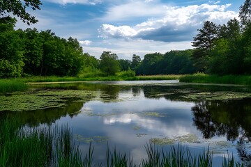 Obraz premium Peaceful Scenic Lake View With Lush Green Trees, Blue Sky And Clouds Reflecting In Water