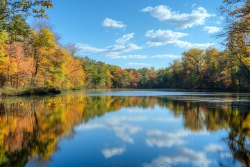 Autumn foliage reflected in a calm lake with a blue sky and white clouds