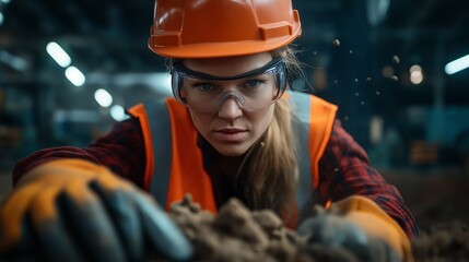 Focused female construction worker wearing safety gear inspecting materials in a workshop, emphasizing dedication and safety in industrial environments.