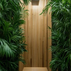 Private spa garden with a bamboo rain shower, surrounded by ferns and orchids