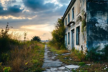 Naklejka premium Abandoned House at Sunset with Overcast Sky and Path
