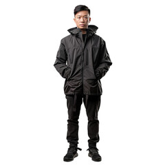 Fototapeta premium Young man with a serious expression is standing with his hands in the pockets of his black windbreaker jacket