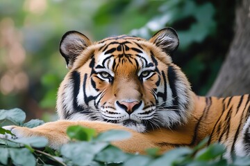 Obraz premium Close up of a tiger resting in green foliage, wildlife photography