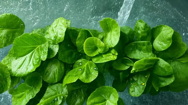 Fresh green leafy spinach or lettuce leaves closeup washed, Washing organic hydroponic produce with water splashing