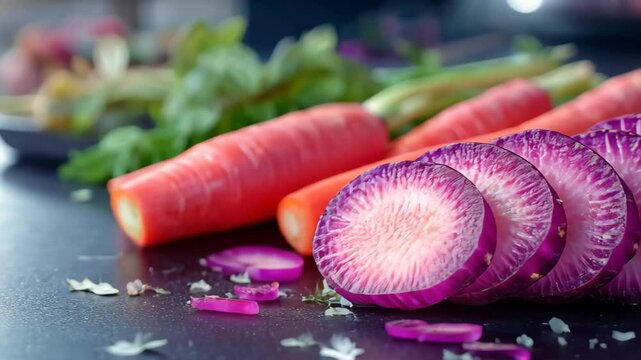 Raw sliced carrots and purple carrot close up vegetable slices on cutting board, Whole fresh root vegetables for nutrition and healthy eating