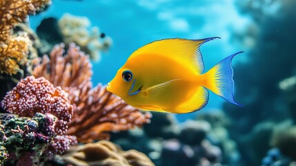 Naklejka premium A vibrant yellow fish swimming gracefully among colorful coral reefs, showcasing the beauty of marine life in a tropical ocean.