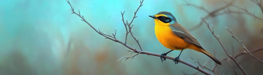 Fototapeta premium A vibrant yellow bird perched delicately on a branch against a soft, blurred background, exuding beauty and calmness in nature.