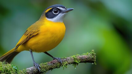 Naklejka premium A vibrant yellow bird perched on a mossy branch, showcasing its striking features amidst a lush green background.