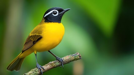 Fototapeta premium A vibrant bird perched on a branch, showcasing striking yellow and black plumage amidst a lush green background.