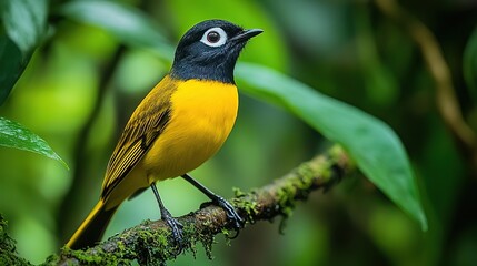 Obraz premium A vibrant, colorful bird perched on a mossy branch, surrounded by lush green foliage in its natural habitat.
