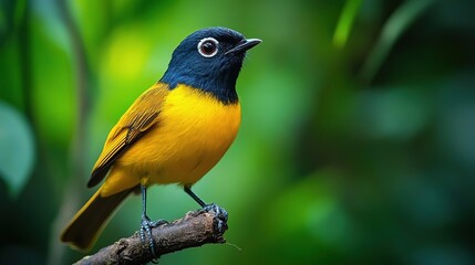 Fototapeta premium A vibrant bird perched on a branch, showcasing its striking yellow and blue plumage against a lush green background.