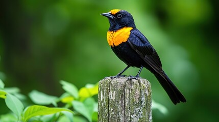 Naklejka premium A striking bird perched gracefully on a wooden post, showcasing vibrant black and yellow feathers against a lush green background.
