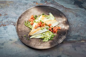 Fried cod fillet with mashed potatoes and fresh prawns served as close-up on a rustic design plate with text space