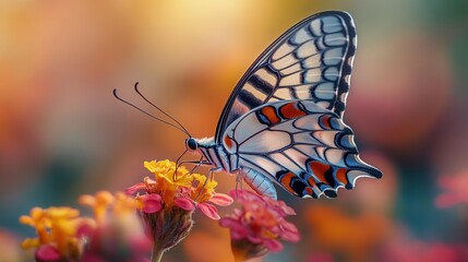 Obraz premium A vibrant butterfly perched on colorful flowers, showcasing intricate patterns against a dreamy, blurred background.