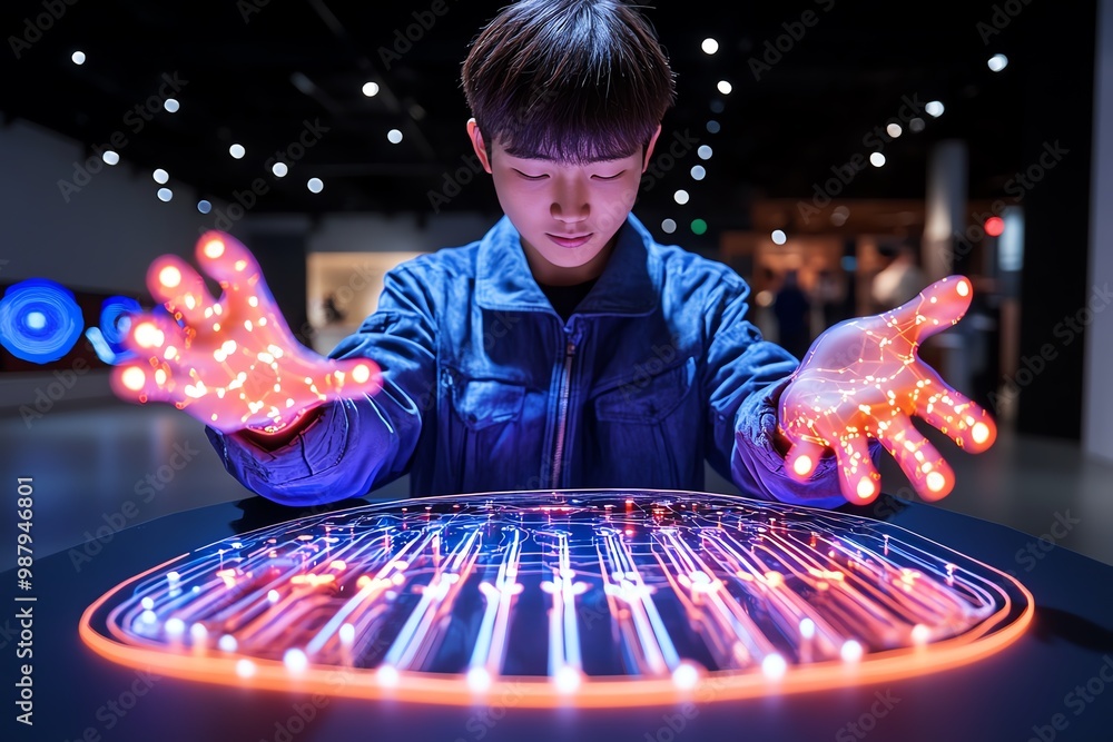 Poster futuristic music workshop, where visitors learn about sound and music technology through glowing hol