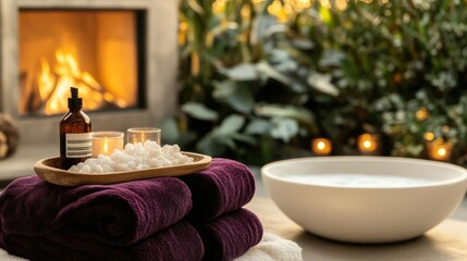 Spa garden with a cozy fireplace, velvet blankets, and aromatic bath salts