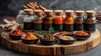 A colorful array of spices arranged on a wooden board