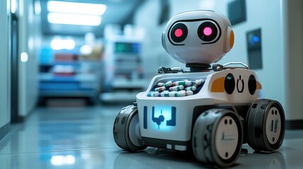 A hospital robotic assistant delivering medical supplies and medication, illustrating the use of smart technology to support healthcare staff.